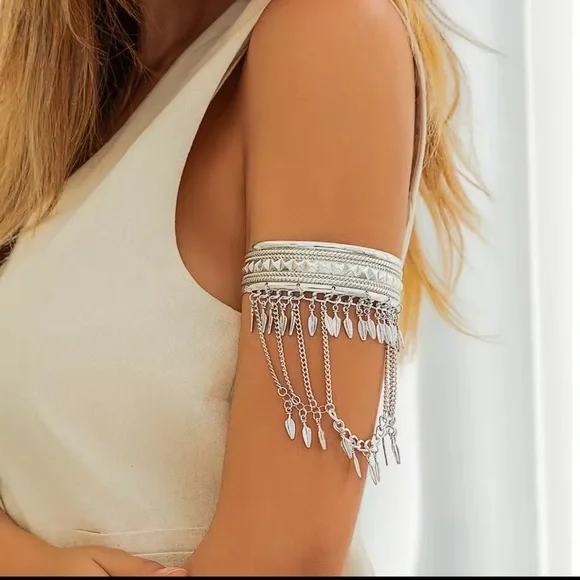 Bohemian Silver Leaf Tassel Chain Arm Cuff Bracelet ✨ - Picture 4 of 7